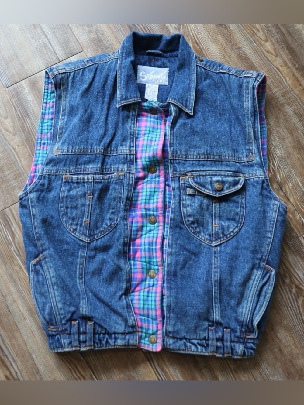 Vintage 90s Street Worn Plaid Lined Denim Vest Western Grunge Womens Size 12